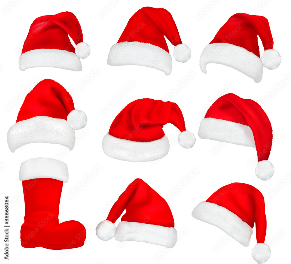 Poster big set of red santa hats and boot. vector illustration.