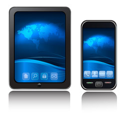 A tablet computer and mobile phone with blue background. Vector
