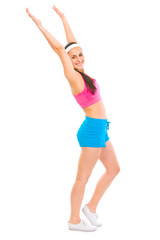 Fototapeta na wymiar Smiling fitness woman in sportswear making exercise