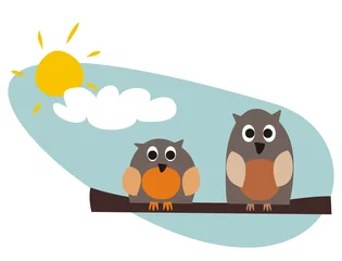Keuken foto achterwand Vogel Grappige uilen zittend op een tak op een zonnige dag vectorillustratie