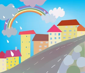 Afwasbaar Fotobehang Regenboog Grappige stadscartoon voor kinderen met regen