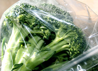 Fresh broccoli in sealed plastic bag - condensation forming