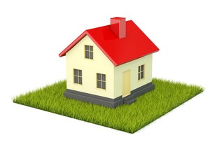House on green grass isolated on white