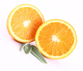 Orange cut in half on white decorated with salvia leaves