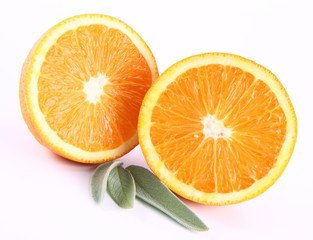 Orange cut in half on white decorated with salvia leaves