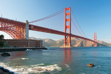 The Golden Gate Bridge in San Francisco during the sunset