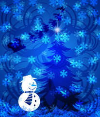 Abstract Christmas Tree Snowman on Blue Background