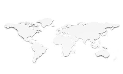 Fototapeta na wymiar Mapa świata w 3D. Kształt papier, cienki i płytkie. Biały