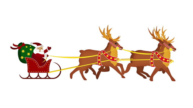 Santa Claus greets with sleight and reindeer in loop