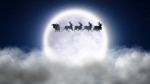 Santa with reindeer flies over night