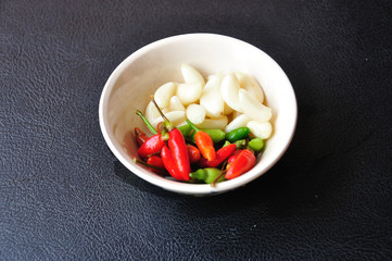Closeup food ingredient, garlic and chlli