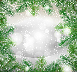 Fototapeta na wymiar New Year background with green fir branches and snow