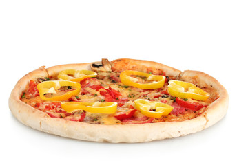 delicious pizza with sausage and vegetables isolated on white