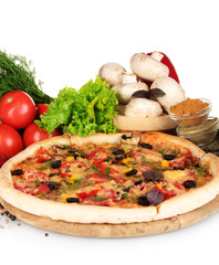 delicious pizza, vegetables and spices isolated on white