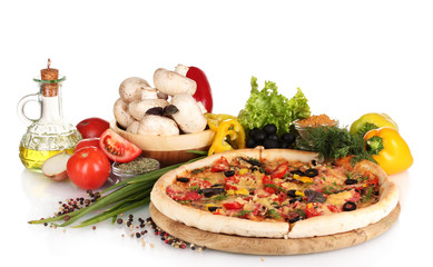 delicious pizza, vegetables, spices and oil isolated on white