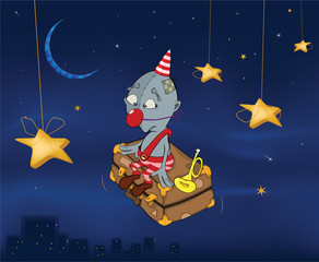 Naklejka premium The clown flies on a suitcase.Celebratory night. Cartoon