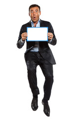 one surprised business man jumping holding showing whiteboard