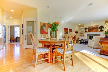Cozy living room and dining room table and hallway
