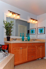 Blue bathroom with two sinks and cabinet