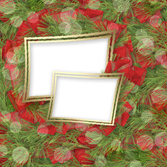 Christmas greeting card with branches of spruce and ribbons