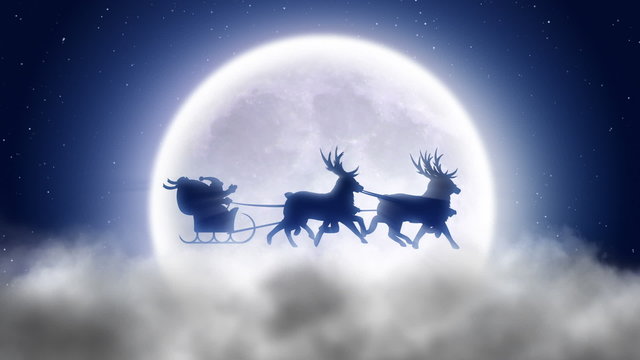 Santa with reindeer flies over moon in loop
