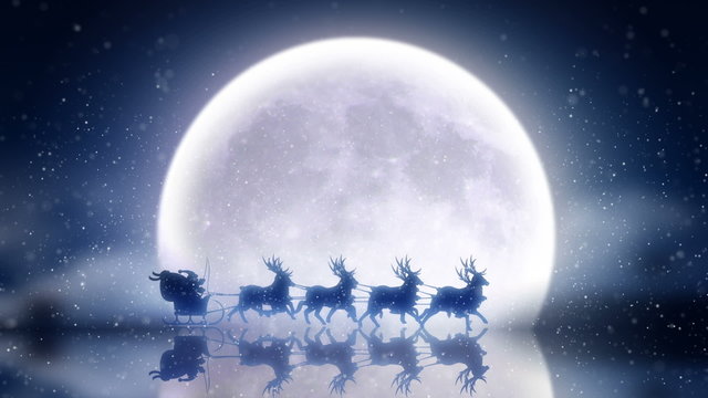 Santa with reindeers flies on ice lake