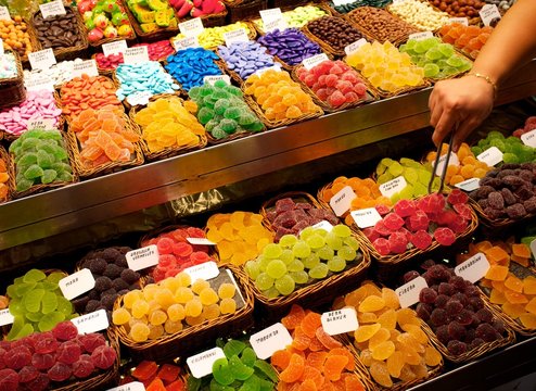 Sweets on market stall in La Boqueria, Barcelona