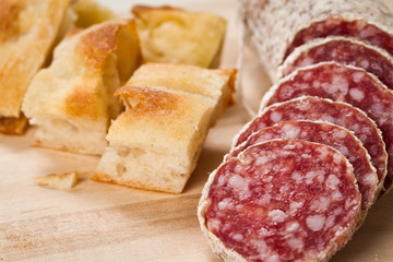 Salami and focaccia pizza
