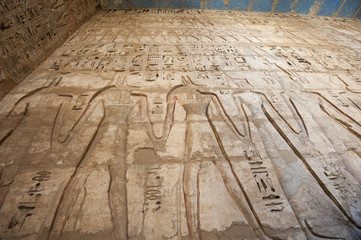Hieroglypic carvings on an egyptian temple