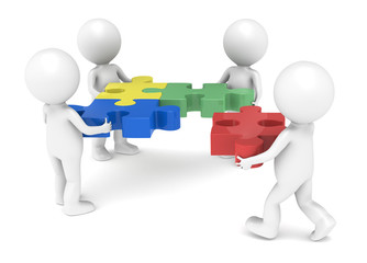 3d little human character X4 The Team solving a jigsaw puzzle.