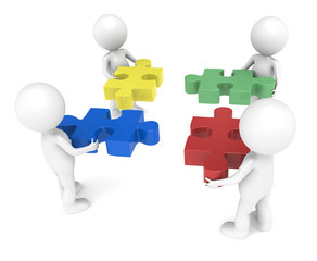 3d little human character X4,each one holding a piece.