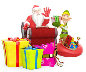 santa and his elf helper with loads of gifts