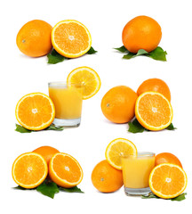 Oranges, Juice and Leafs isolated on white background - set