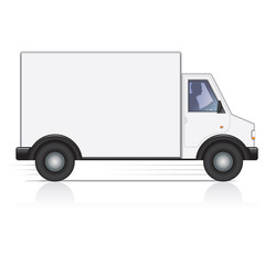Vector white van and man driver. Isolated.