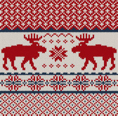 Knitted background with Christmas deers and snowflake