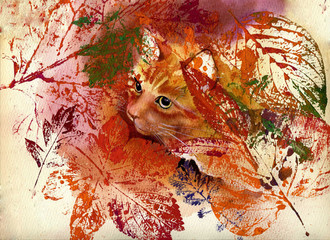 Fototapeta na wymiar Painting Collection : Autumn Cat