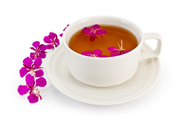 Herbal tea in a white cup with fireweed