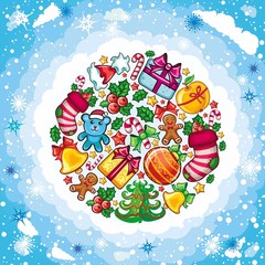 Christmas planet with colorful christmas objects