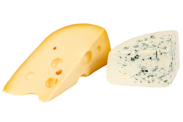 Two pieces of fresh cheese on a white background