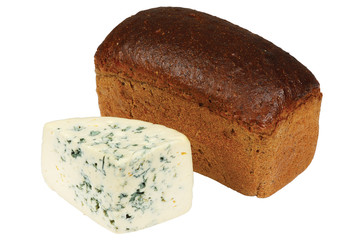 Loaf of bread and cheese on white background