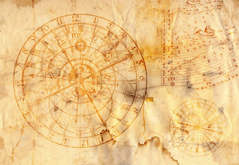 astronomical clock in grunge style - obrazy, fototapety, plakaty