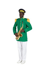 Fototapeta premium saxophoniste de fanfare de côté fond blanc