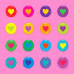 Colorful painted hearts on pink background