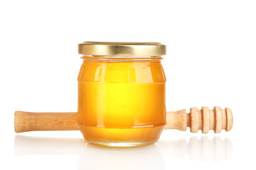tasty honey and honey dipper  isolated on white