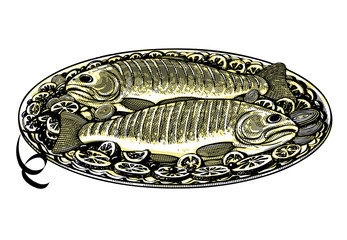 Vector illustration of roasted fish in vintage engraved style