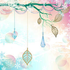 Winter grungy background with blue branch and last leaves