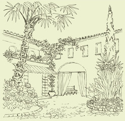 Vector sketch of the eastern courtyard