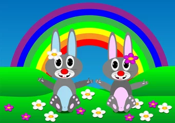 Zelfklevend Fotobehang Twee konijnen op het gazon © konstan