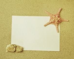 starfish and shells with frame on the beach, vacation memories .