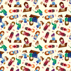 cartoon office woman worker seamless pattern